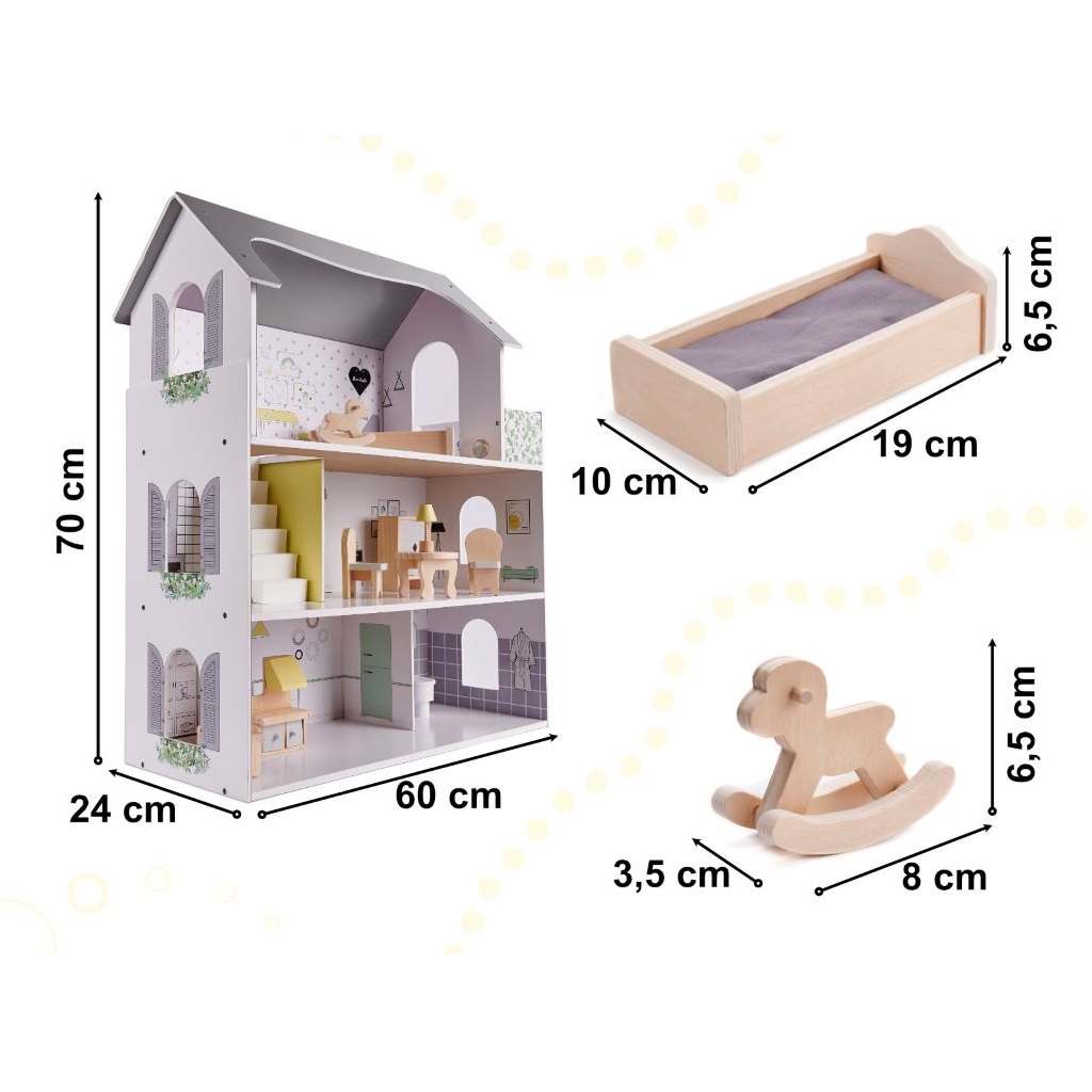 Domek dla lalek duży drewniany z mebelkami 70cm szary - wymiary domku i poszczególnych elementów