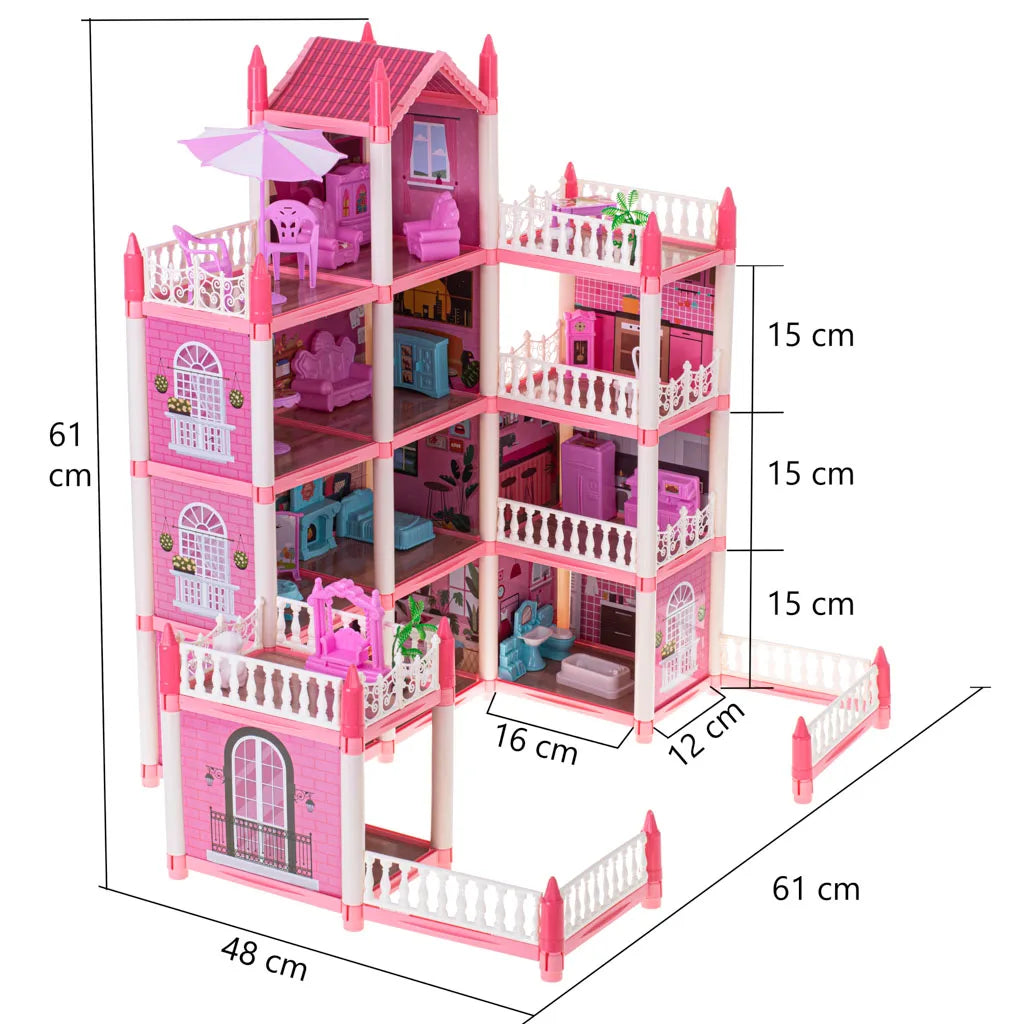 Domek dla Lalek Willa różowa DIY 4 poziomy Mebelki 61cm KIK